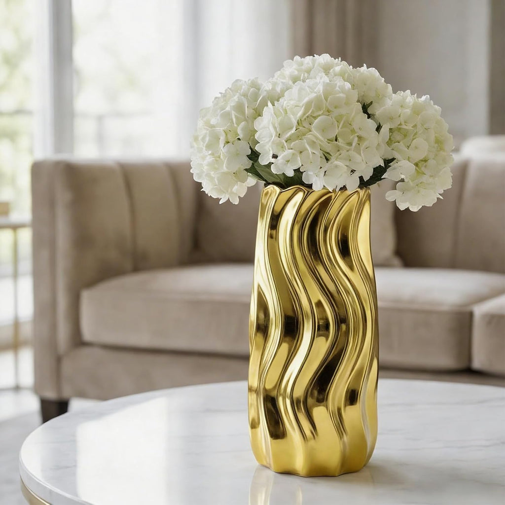 11.5" Gold Ceramic Vase - Minimalist Gold Flower Vase, Large Pampas Grass Vase, Boho Decorative Centerpiece Vase for Home Decor, Wedding, Housewarming, Table, Shelf, Mantel, and Entryway