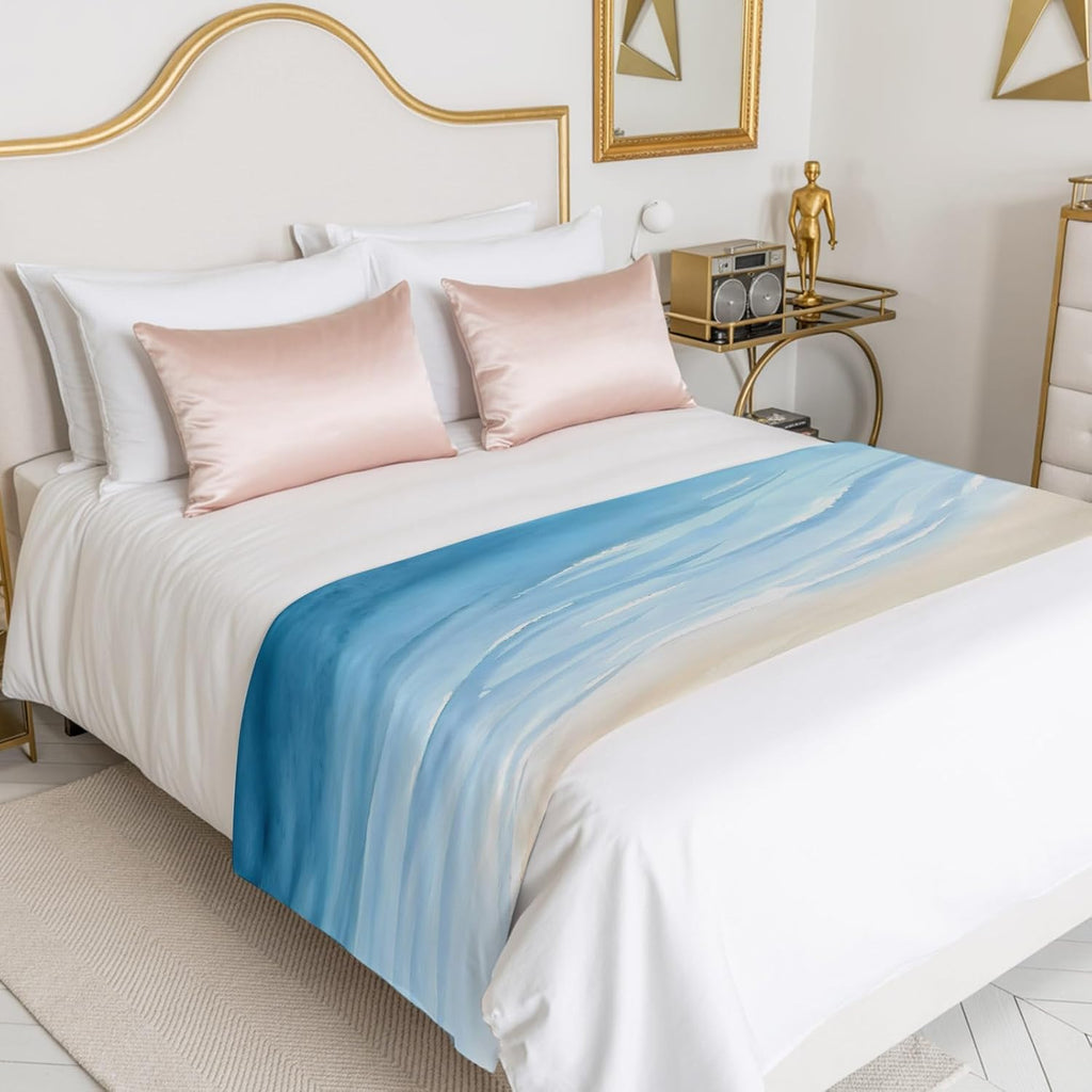 Bed Runner Scarf for King Size Bed, Blue Summer Beach Beds Scarf Throws for Foot of Bedding, Coastal Ocean Nautical Seaside Decorative Beds Runners for Bedroom Guestroom, 94"x20"