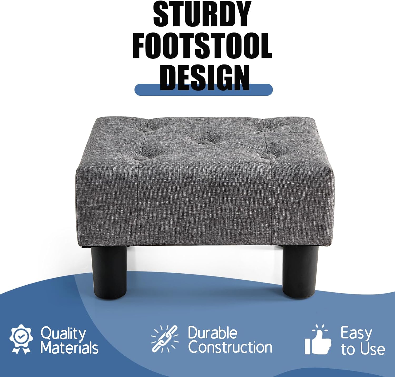 BRIAN & DANY Small Foot Stool, Linen Foot Stools with Legs, Stable Small Footstool for Living Room, Grey
