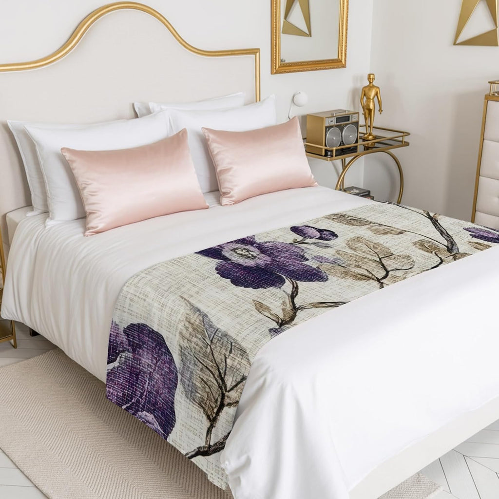 Spring Botanical Bed Runner Bedding Decorative Scarf for Fits Cal King Bed, Watercolor Purple Floral Leaf Vintage Beige Luxury Foot Throw with Satin for Hotels Homes, Guest Rooms, 102" x 20"