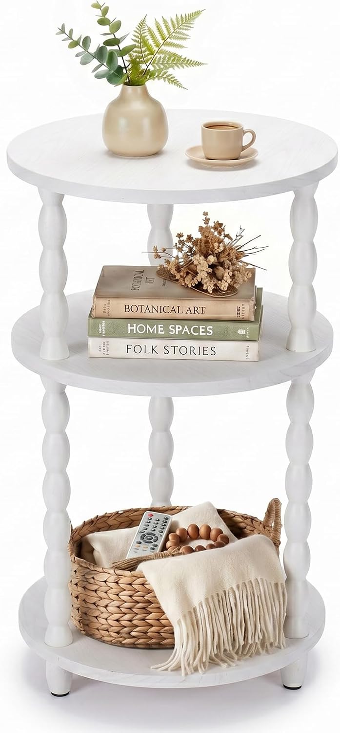 Small Round Side Table, 3-Tier Solid Wood End Table with Storage Shelf, Modern Bedside Tables Night Stand for Living Room, Bedroom, College Dorm, Small Space (White)