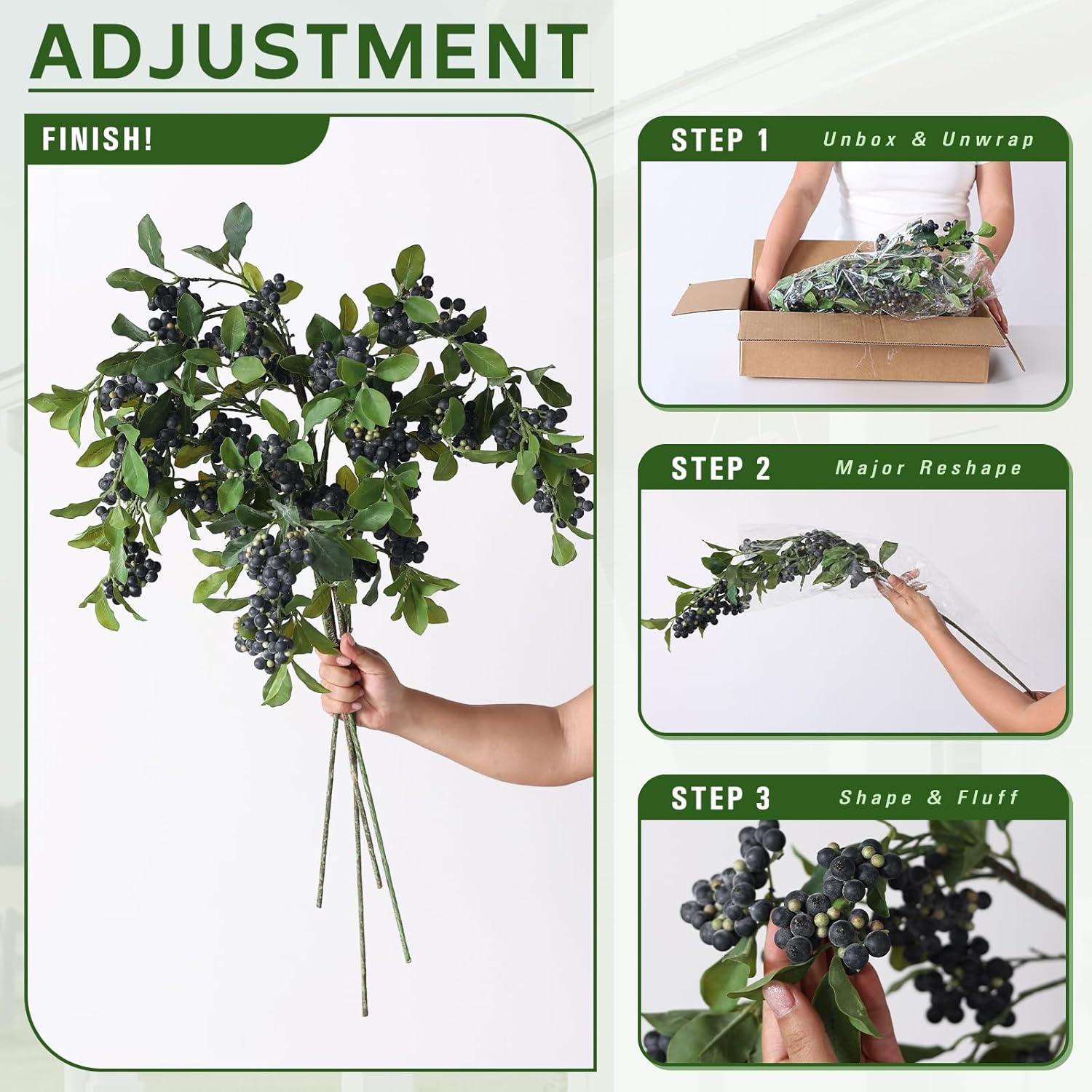 Juxdp 33" Artificial Blueberry Stems for Vase - 4 Pcs Lifelike Faux Blueberries Fruit Branch, Fake Flower Picks for DIY Bouquet, Table Centerpiece, Kitchen, Shower, Home Decoration (Blue)