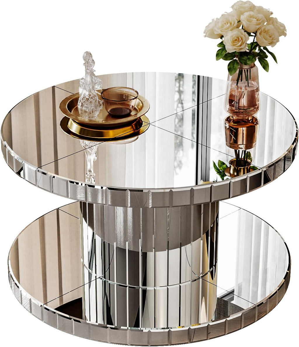 Double Tier Luxury Round Mirror Coffee End Table with Glass 31.5" Diameter Sofa Side Table for Living Room, Light Luxury Design, Sturdy Frame