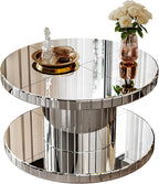 Double Tier Luxury Round Mirror Coffee End Table with Glass 31.5" Diameter Sofa Side Table for Living Room, Light Luxury Design, Sturdy Frame