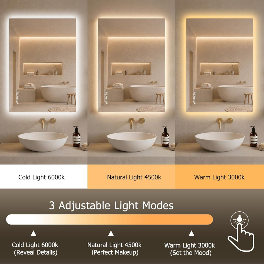 40"X30" LED Bathroom Mirror with Lights, Anti-Fog, Backlit Lit with CRI>90,Lighted Bathroom Vanity Mirror for Wall, Memory Function, Tempered Glass, 3 Colors Frameless Lighted Mirror for Bathroom