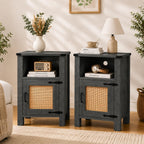 Miereirl Rattan Nightstand Set of 2 with Cabinet, Boho Farmhouse, Dark Gray | Hand-Woven Rattan Door, Open Shelf & Cord Hole, Magnetic Close, Quiet Hinge, Bedroom End Table, Easy Assembly