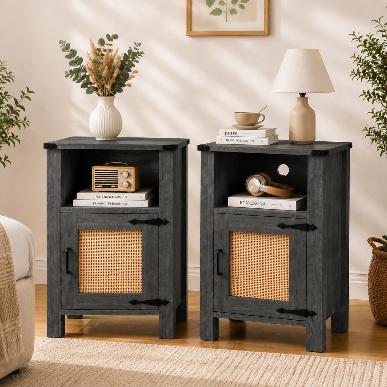 Miereirl Rattan Nightstand Set of 2 with Cabinet, Boho Farmhouse, Dark Gray | Hand-Woven Rattan Door, Open Shelf & Cord Hole, Magnetic Close, Quiet Hinge, Bedroom End Table, Easy Assembly