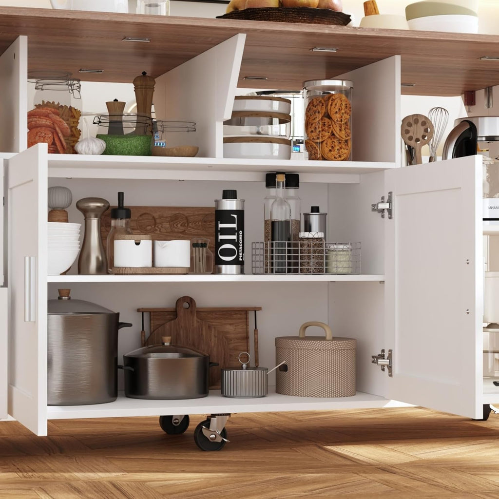 Rolling Kitchen Island Cart with Storage, Mobile Kitchen Island on Wheels with Drop Leaf & 2 Drawers, Adjustable Shelf, Towel Rack & Brown Tabletop, White, 70.9”W x 31.7”D x 35.4”H