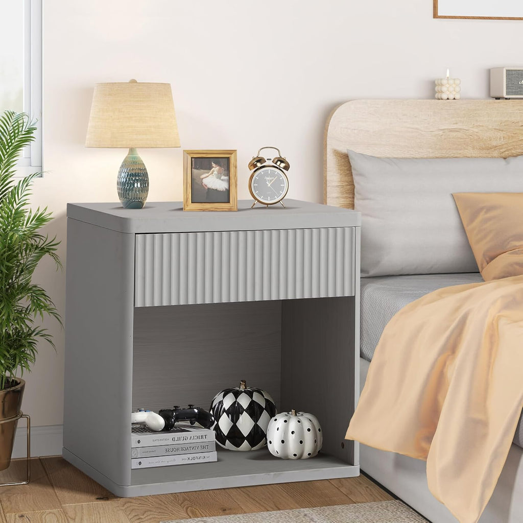 23" Fulted End Table, Sofa Bed Side Table with Drawer Storage, Mid Century Morden Nightstand Couch Tables with Open Storage Shelf for Living Room, Bedroom, Bedside, Offices (White Alder)