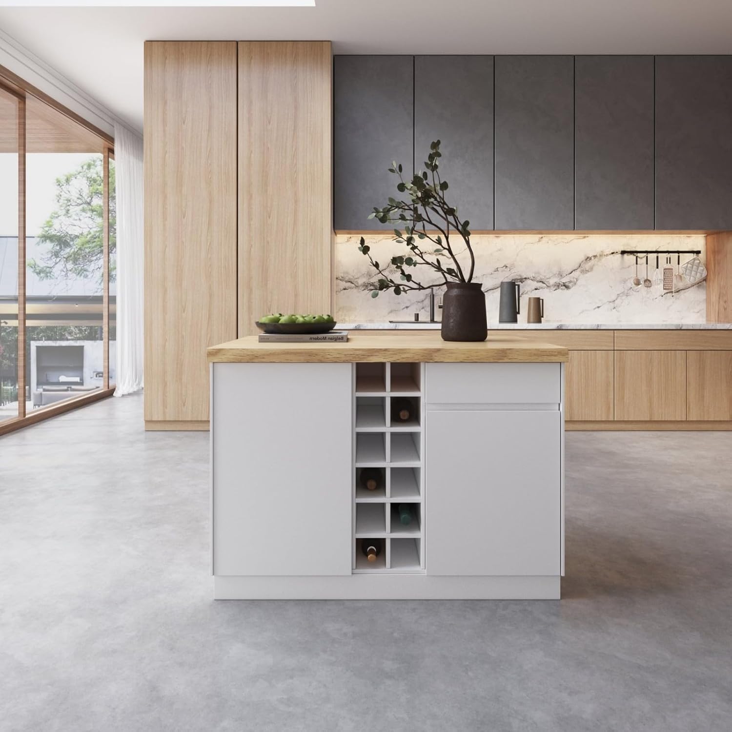 homary Kitchen Island with Storage & LED, 50" White Wood Islands with Wine Rack, Drawers & Shelves, Modern Kitchen Table for Dining Room, Prep & Gatherings, Without Chair