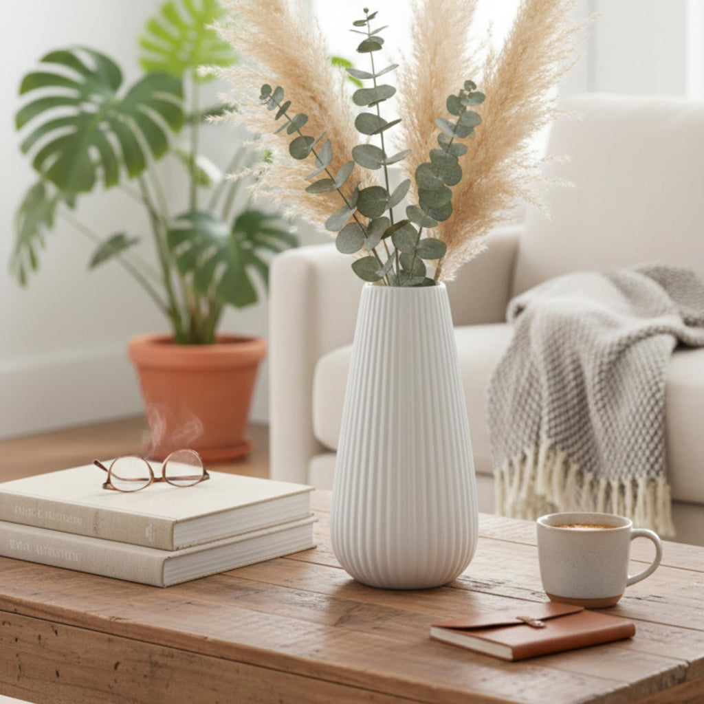 Luxury White Ceramic Vase, 8 Inch Modern Ribbed Fluted Design, Flower Vase for Home Decor, Cute Vase for Pampas Grass, Living Room, Dining Table, Farmhouse, Office, Bedroom, Kitchen Shelf