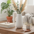 Luxury White Ceramic Vase, 8 Inch Modern Ribbed Fluted Design, Flower Vase for Home Decor, Cute Vase for Pampas Grass, Living Room, Dining Table, Farmhouse, Office, Bedroom, Kitchen Shelf