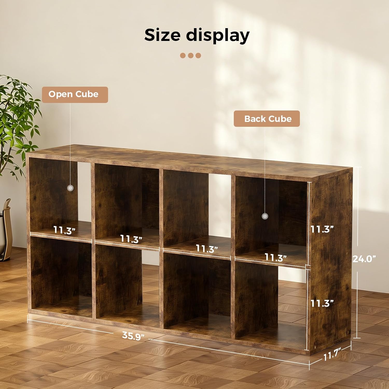 LUCKLIFE 8-Cube Storage Organizer, Stackable Modular Bookcase Shelf with Vertical or Horizontal Use, Fits 11×11" Bins, Optional Back Panels, for Living Room, Office Rustic Brown