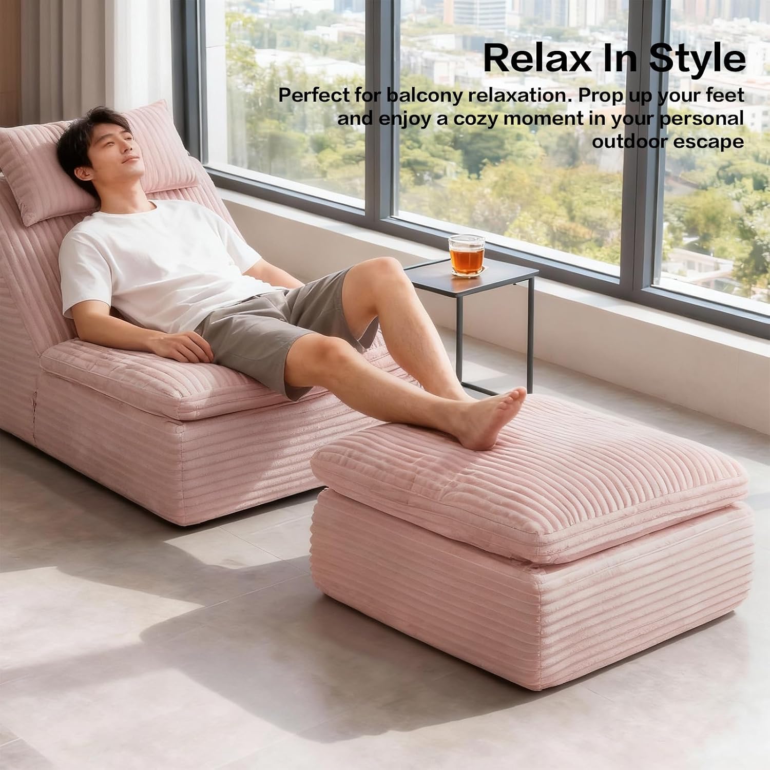 38.7" Plush Corduroy Ottoman, Upholstered Cloud Ottoman for Boneless Couch in a Box,Oversize Poufs for Living Room & Bedroom Sofa Ottoman,Comfy Seating with Dense Foam Padding,Pink