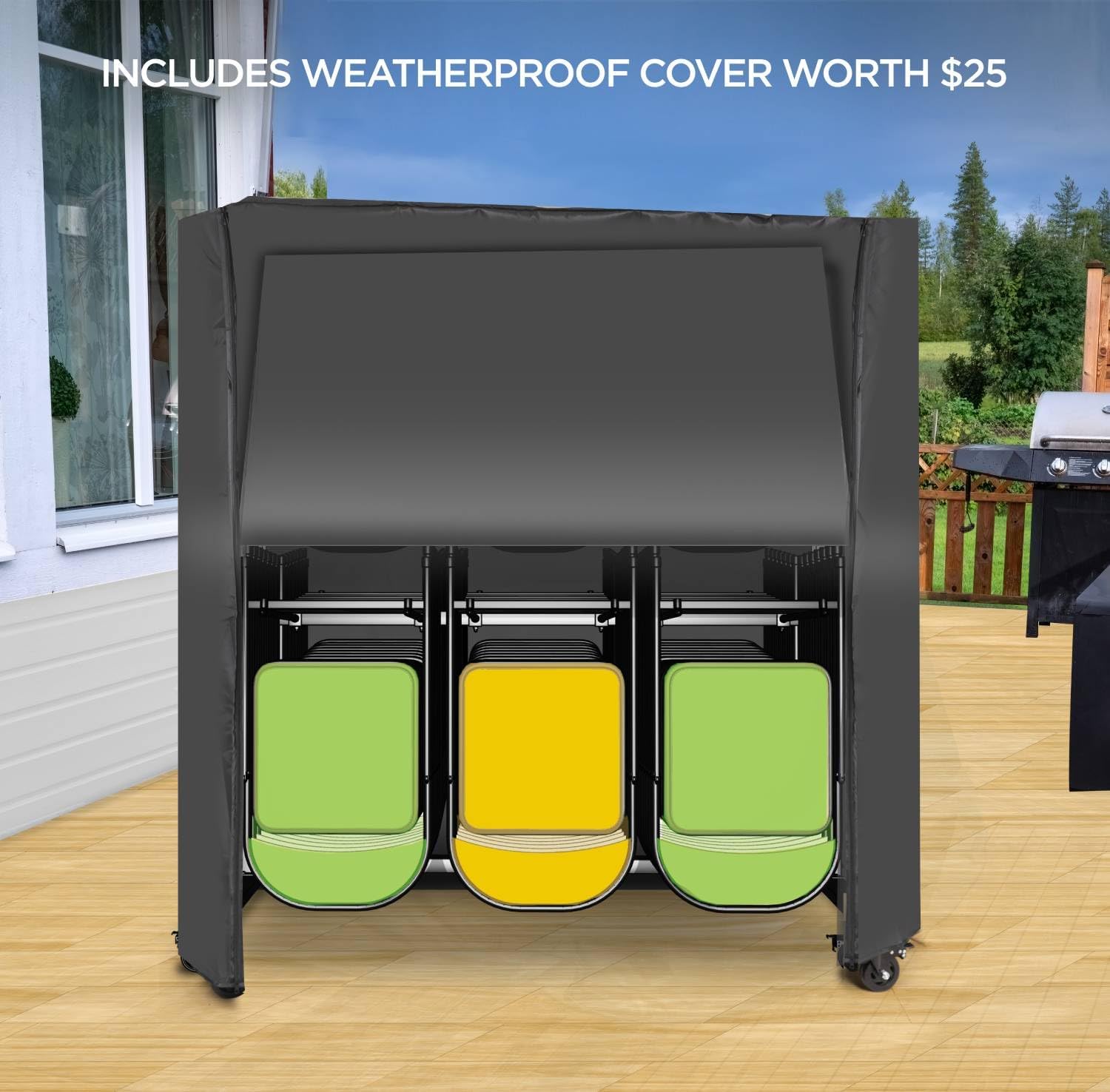 Folding Chair Rack Folding Chair Cart Storage Dolly with Wheels and Holder for Tables Includes Weatherproof Cover (84 Chair Capacity)