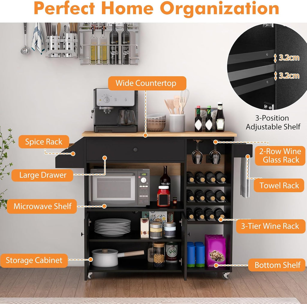TANGZON Kitchen Island on Wheels, Rolling Kitchen Storage Trolley with Drop Leaf Worktop, Drawer, Wine Rack, Glass Holder, Open & Adjustable Shelf, Utility Bar Serving Cart Sideboard (Black)