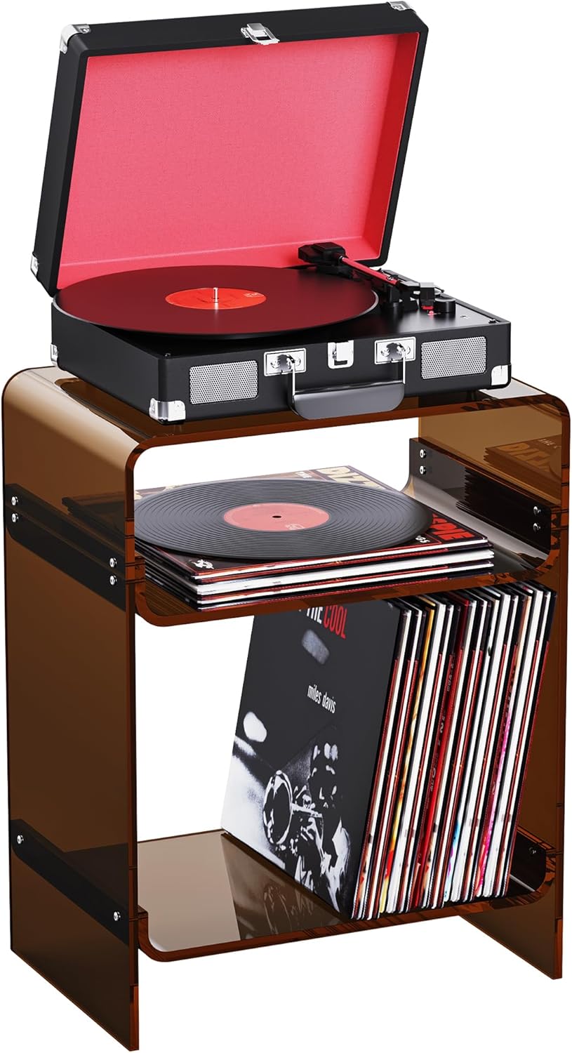 Acrylic Record Player Table with Storage Shelf, Clear Side Table Nightstand (Dark Brown, Large)