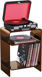 Acrylic Record Player Table with Storage Shelf, Clear Side Table Nightstand (Dark Brown, Large)