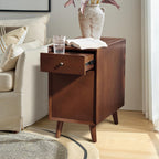Mid Century Modern End Table with Charging Station, Wooden Side Table with USB Ports and Outlets, Narrow Beside Accent Table with Cup Holder & Magazine Rack, Walnut