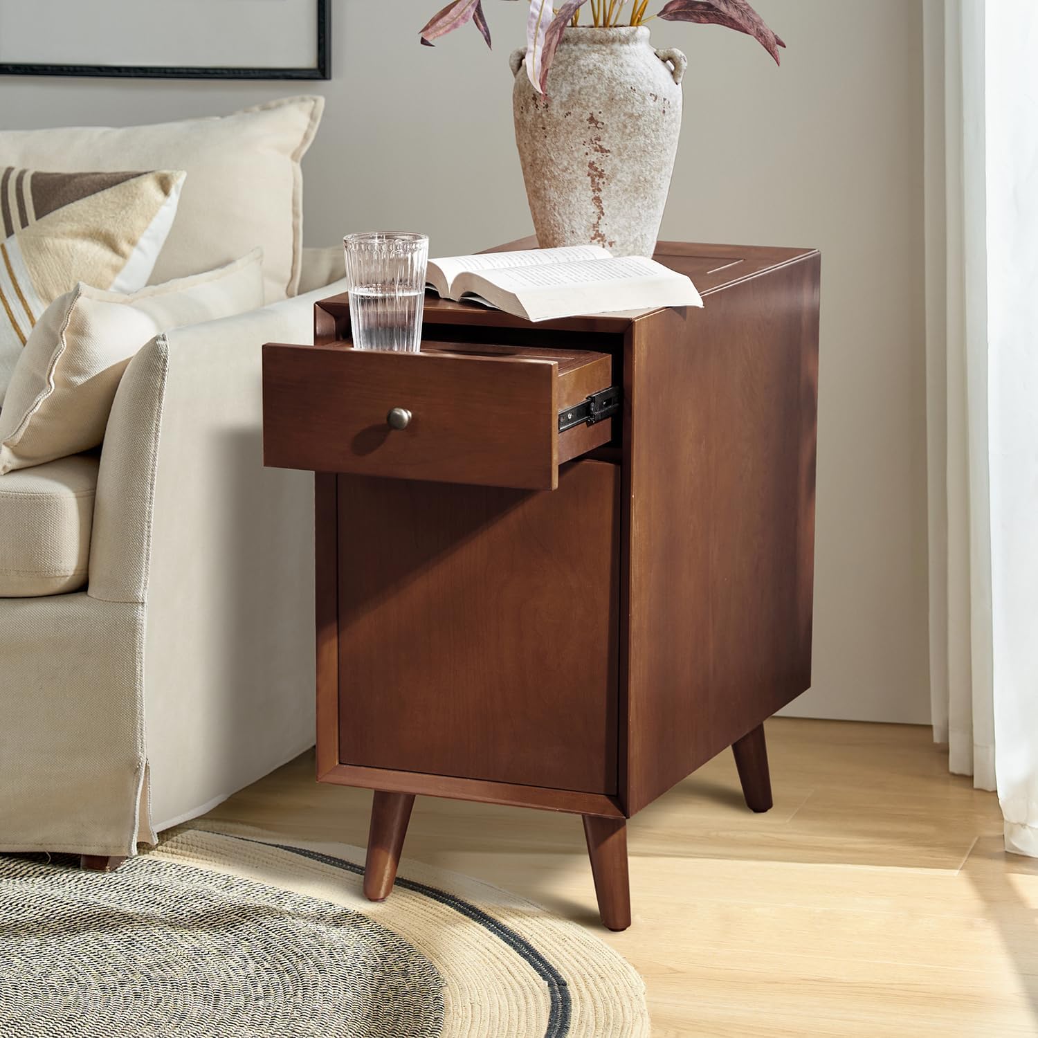 Mid Century Modern End Table with Charging Station, Wooden Side Table with USB Ports and Outlets, Narrow Beside Accent Table with Cup Holder & Magazine Rack, Walnut