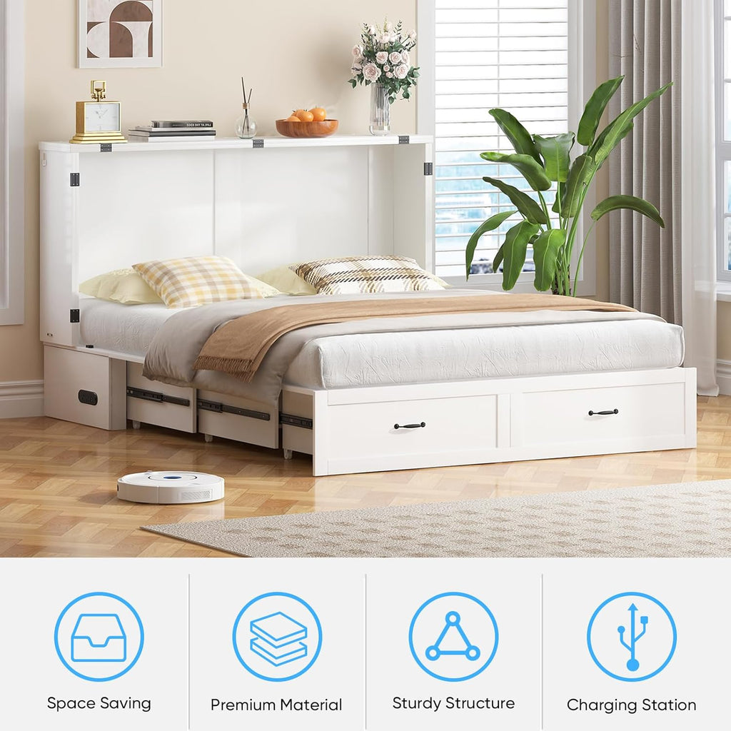 Mjkone Queen Size Murphy Bed Cabinet with Mattress Included, USB Charging Station, Storage Drawer, Panel, 63.39" Width Chest Cabinet Murphy Beds for Guest Room Small Spaces Saving Home Offices, White