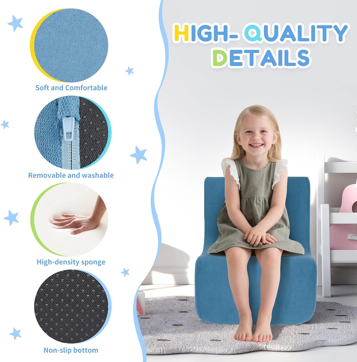 Toddler Chair, Comfy Kids Sofa Chair for Playroom, Supportive Toddler Couch for Boys and Girls with Washable Cover, Small Kids Furniture Sofa for Baby Gift (L-Shape-Blue)