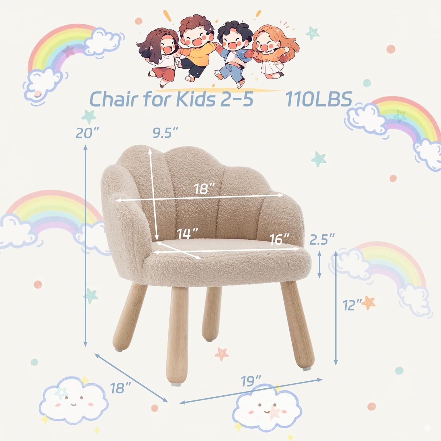 Kid Chair, Toddler Chairs Comfy Sherpa Kids Table Chair, Wood Toddler Couch Sofa, Soft Kid Reading Chair, Boy Girls Desk Chairs for Ages 2-5, Kids Armchair for Bedroom/Nursery/Gifts, Khaki