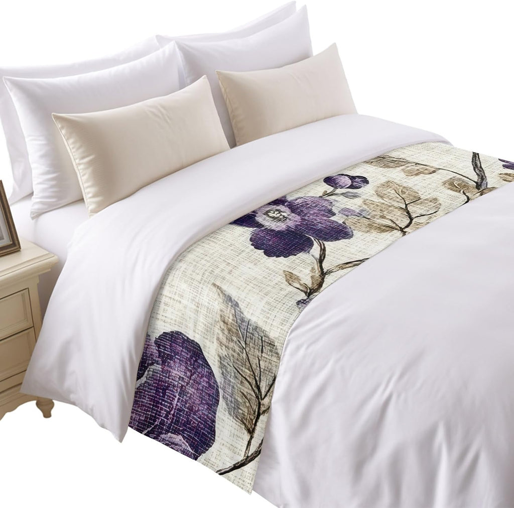 Spring Botanical Bed Runner Bedding Decorative Scarf for Fits Cal King Bed, Watercolor Purple Floral Leaf Vintage Beige Luxury Foot Throw with Satin for Hotels Homes, Guest Rooms, 102" x 20"