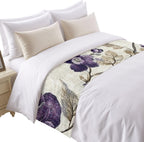 Spring Botanical Bed Runner Bedding Decorative Scarf for Fits Cal King Bed, Watercolor Purple Floral Leaf Vintage Beige Luxury Foot Throw with Satin for Hotels Homes, Guest Rooms, 102" x 20"