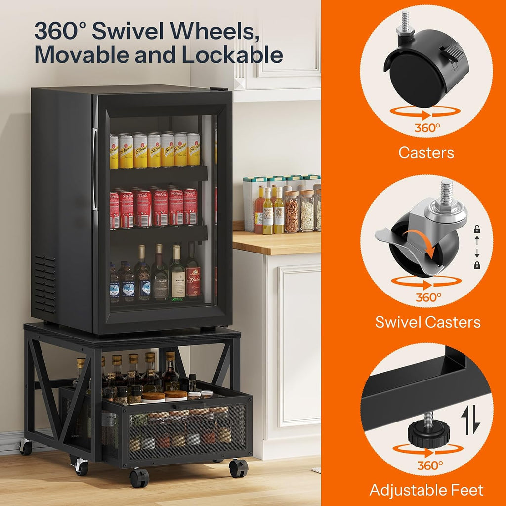 HOOBRO Mini Fridge Stand with Movable Storage Basket, Mini Fridge Cabinet with Wheels, Sturdy Metal Frame, for Home, Office, Dorm, Black BB255TL01