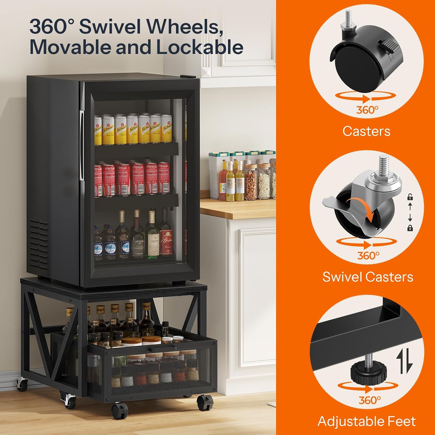HOOBRO Mini Fridge Stand with Movable Storage Basket, Mini Fridge Cabinet with Wheels, Sturdy Metal Frame, for Home, Office, Dorm, Black BB255TL01