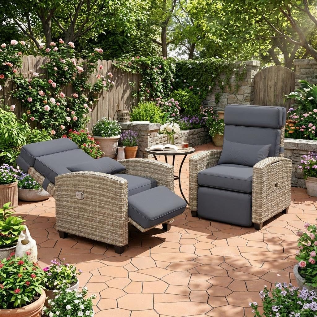 Outdoor Wicker Gas Lift Chair with Cushion, 145° Adjustable PE Rattan Patio with Metal Frame, Height Adjustable Lounge Chair for Garden, Patio, Balcony & Backyard,Brown Wicker ,Khaki Cushion