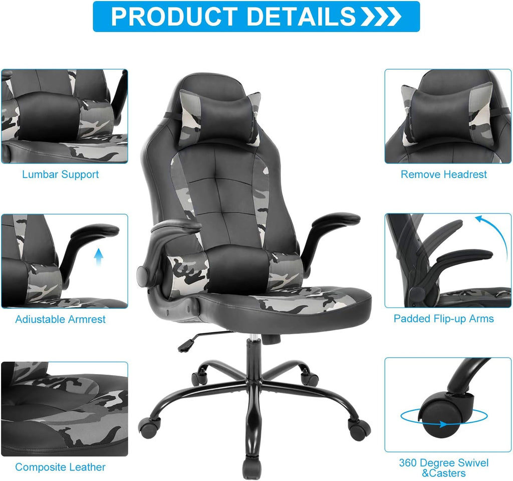 Meet Perfect Gaming Ergonomic Office Desk Chair - Leather Computer With Lumbar Support and Head Pillow - Modern Executive Adjustable Rolling Swivel Task for Home Office, Camo