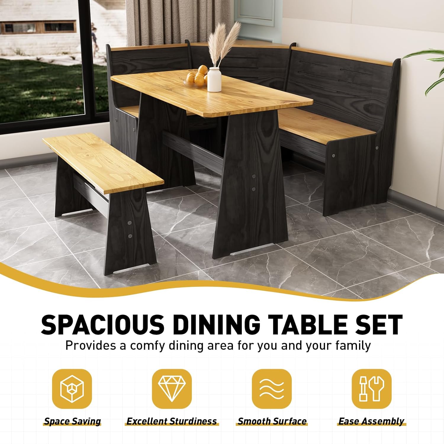 Kitchen Breakfast Nook Table Set - Solid Wood Corner Bench Dining Set for 4-6 People, L Shaped Bench for Dinner Room, Space Saving Kitchen Booth Seating with Table for Small Space, Ink Black