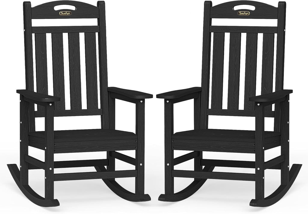 Oversized Outdoor Rocking Chairs Set of 2, High Back Porch Rocking Chair, HDPE All Weather Resistant Rocking Chairs for Patio, 380lbs Weight Capacity, Black