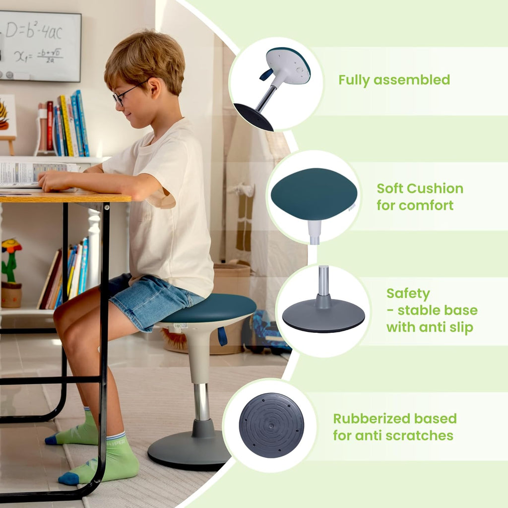 Wobble Stool for Kids Ages 7–12; Adjustable Height Wobble Stool; Classroom Seating with Soft, Easy-to-Clean New Fabric Cushion; Flexible Wiggle Chair for Focus & ADHD + Bonus Visual Timer (Lake Teal)
