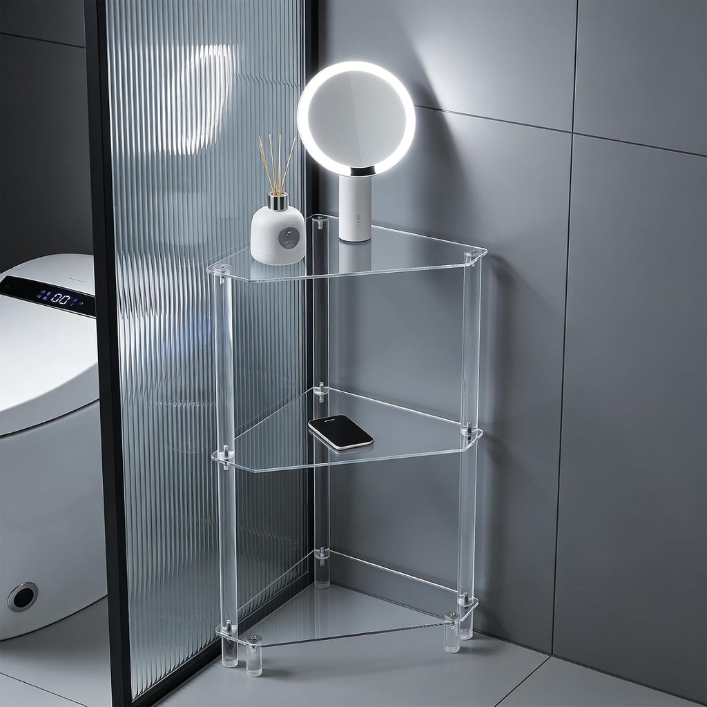 DYNAMI Clear Acrylic Side Table,3 Tier Triangle End Table Small Corner Accent Table for Small Spaces,Modern Corner Shelf for Living Room Bathroom Bedroom,Load Capacity 22lbs (White)