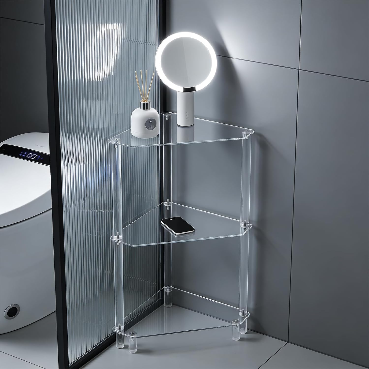 DYNAMI Clear Acrylic Side Table,3 Tier Triangle End Table Small Corner Accent Table for Small Spaces,Modern Corner Shelf for Living Room Bathroom Bedroom,Load Capacity 22lbs (White)