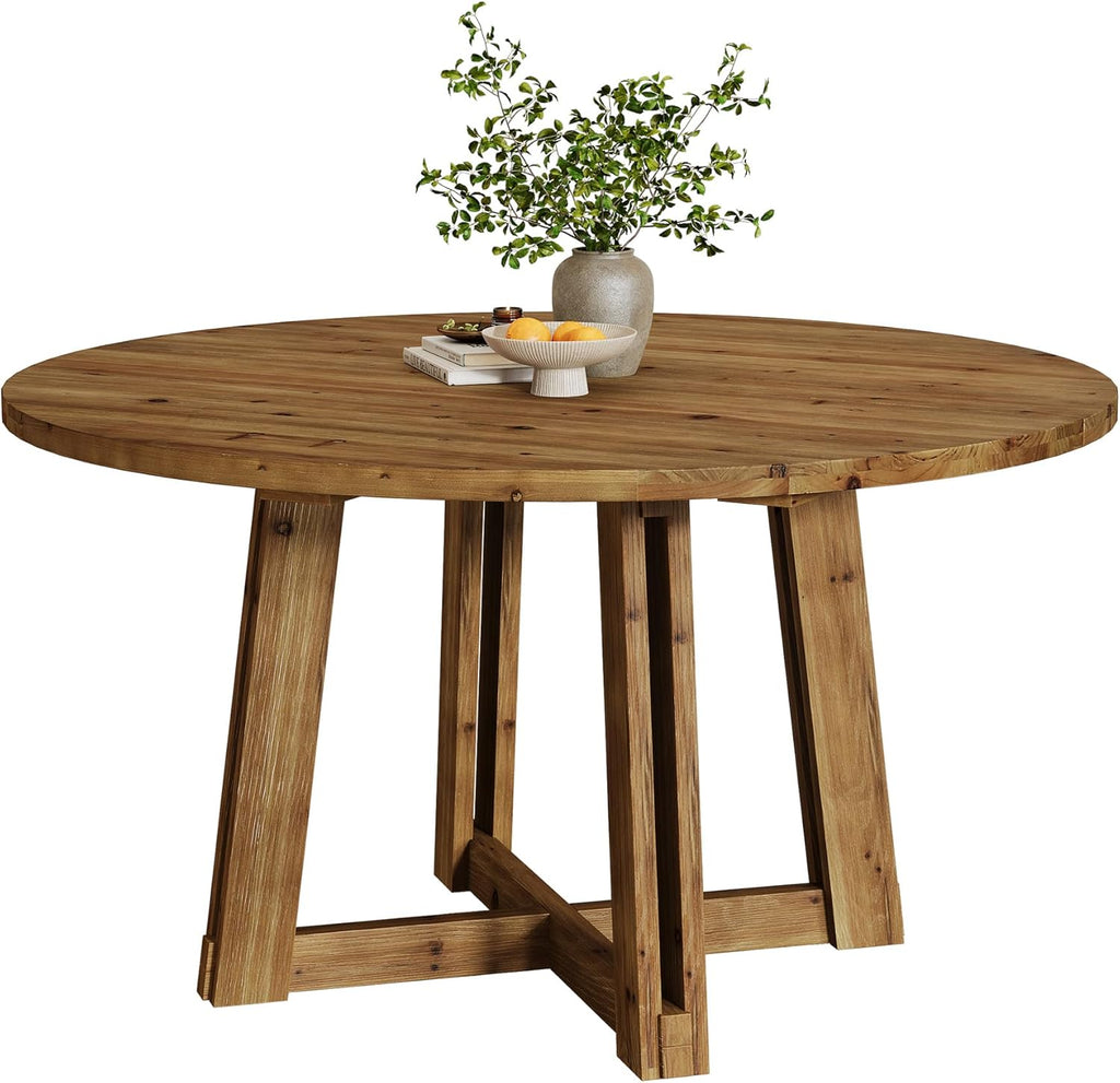 47.3" Solid Wood Dining Table for 4-6, Round Kitchen Table with Wood Legs, Farmhouse Kitchen & Dining Room Furniture, Brown