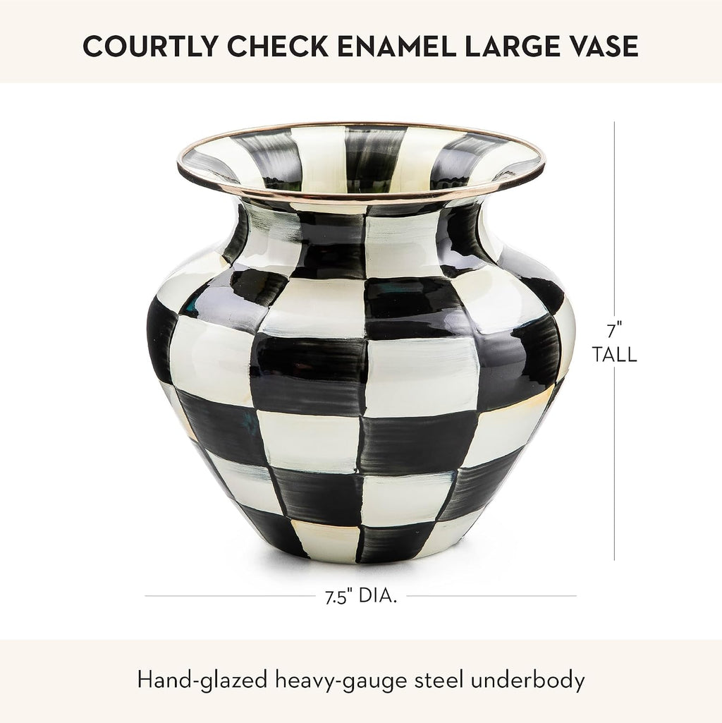 MACKENZIE-CHILDS Large Enamel Vase, Unique Flower-Vase Decor for Living Room, Black-and-White Courtly Check