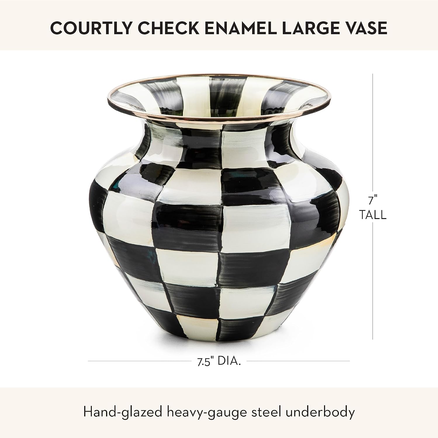 MACKENZIE-CHILDS Large Enamel Vase, Unique Flower-Vase Decor for Living Room, Black-and-White Courtly Check