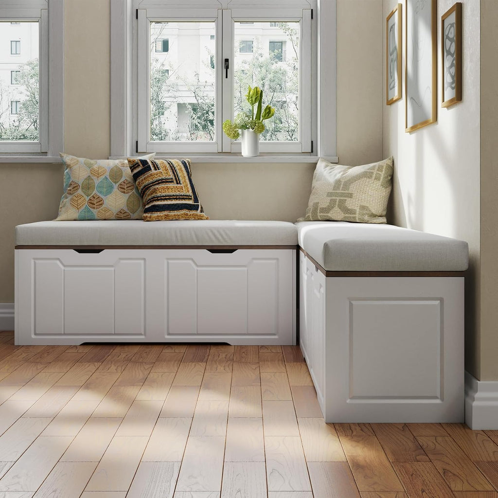 L-Shaped Kitchen Breakfast Nook Bench with Hidden Storage Space, White and Walnut Colors, Backless Wood Corner Bench with Cushion Seat, 63IN x 15.7IN x17.7IN(Two Packages Delivered)