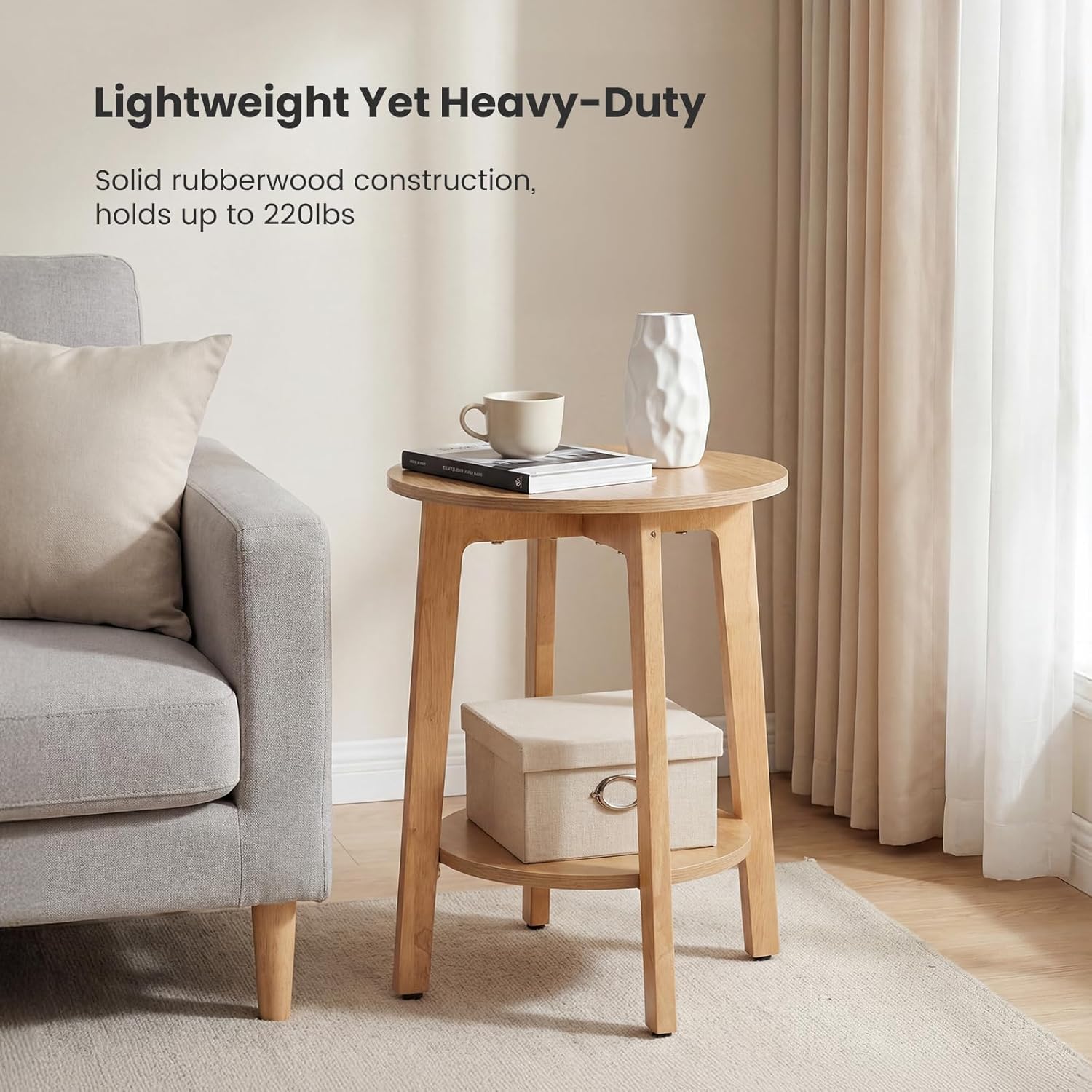 DUMOS Small Round Side Tables for Small Spaces, 2-Tier Boho End Table with Storage Shelf, Sturdy Simple Trending Bedside Nightstand with Non-Slip Pads for Living Room, Bedroom, Natural Wood