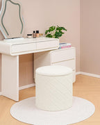 Round Boucle Storage Ottoman with Reversible Wood Tray, 17.7" Sherpa Cylinder Footrest Stool with Storage, Upholstered Folding Ottoman Coffee Table for Living Room Bedroom Dorm, White