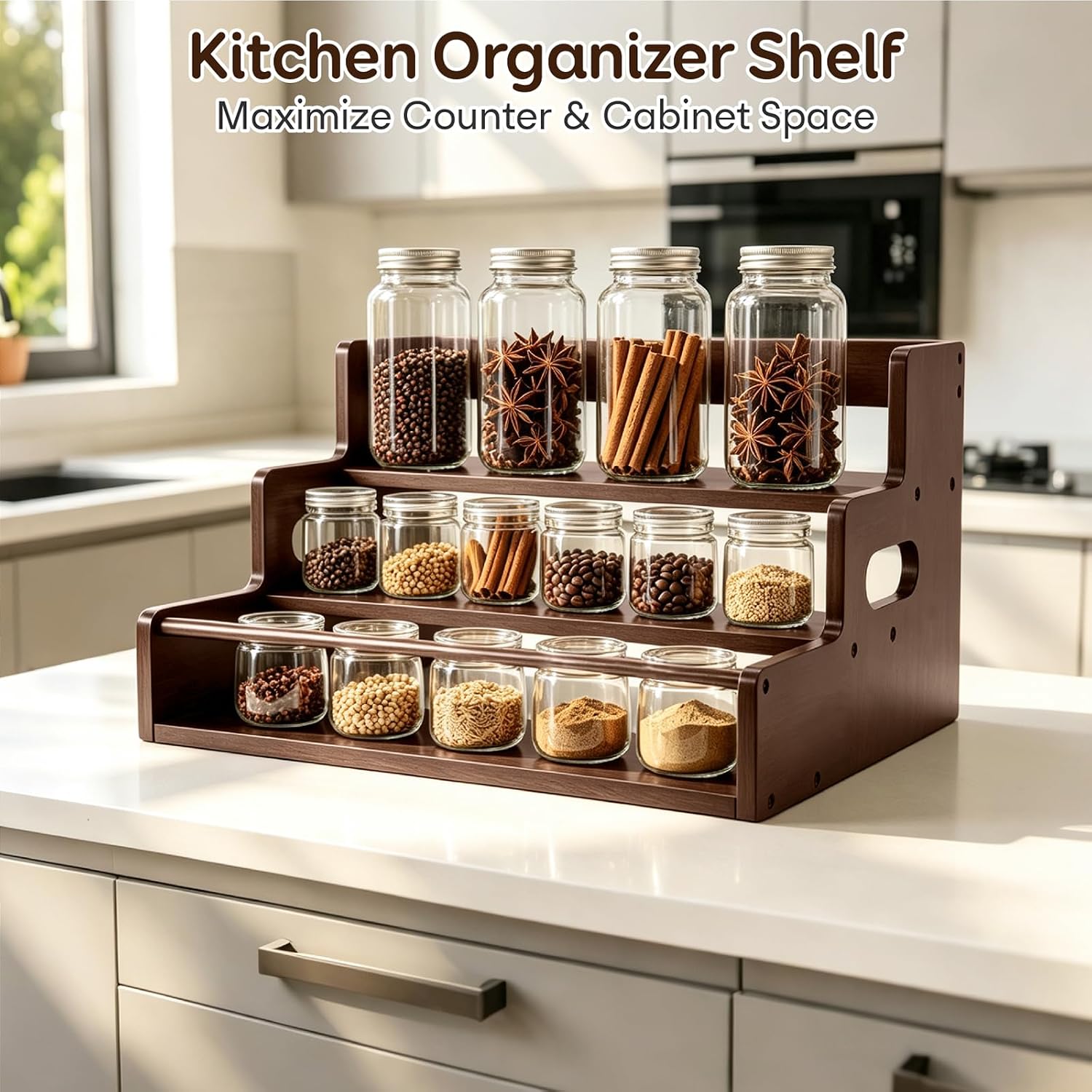 Liquor Bottle Display Shelf, 3 Step Countertop Liquor Wine Rack | Coffee Syrup Rack Organizer with handles, Bar Shelf Stand, Whiskey Spirits Wine Holder for Liquor Cabinet, mini bar, Home bar