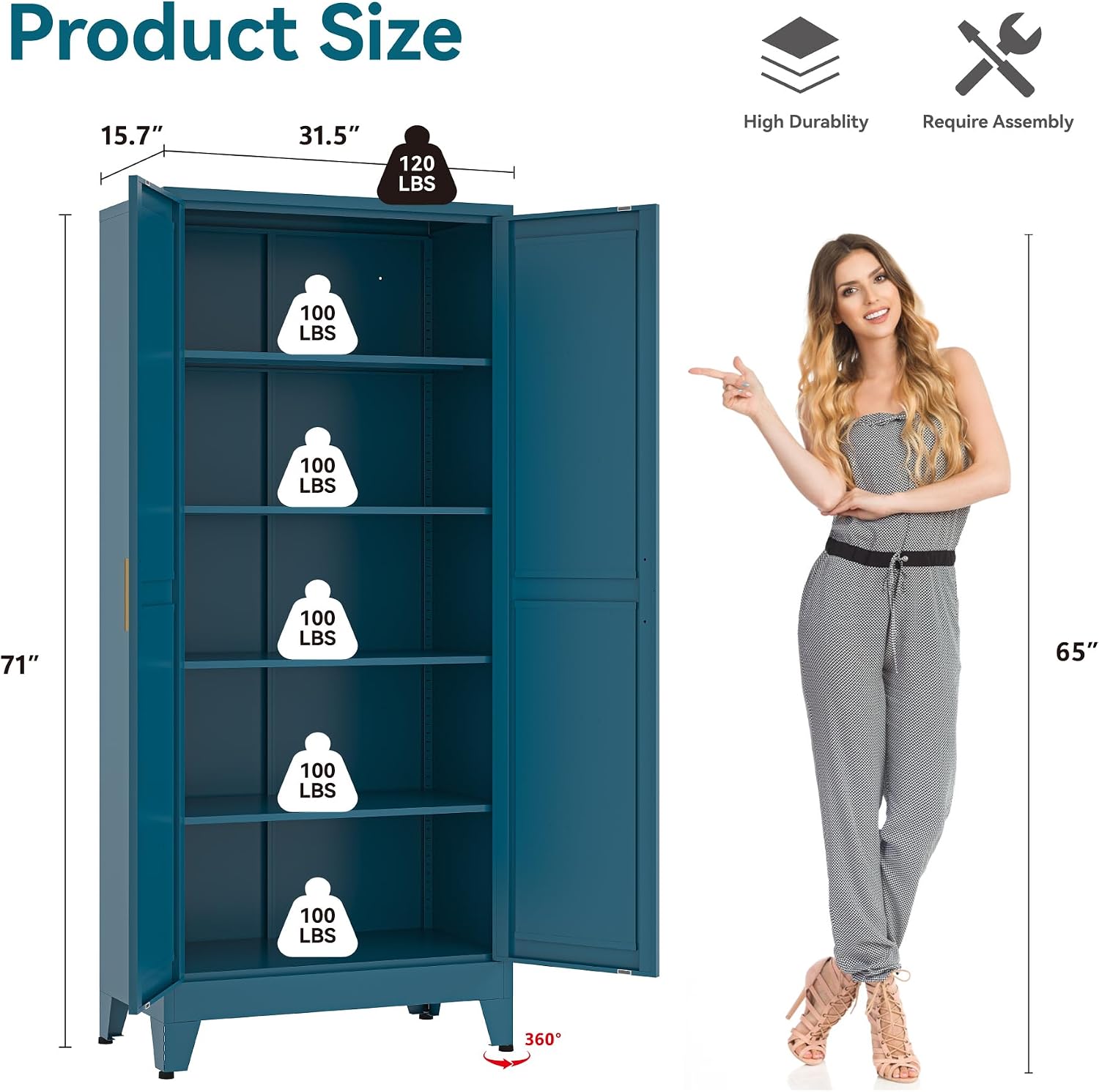 Bevivog Metal Kitchen Pantry Cupboard Cabinet, 71" Blue Storage Cabinets with 2 Doors and 4 Adjustable Shelves for Kitchen/Home Office/Dining Room/Living Space
