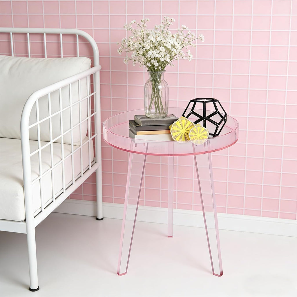 Clear Acrylic Side Table, Modern End Table with Storage Shelf, Small Round Bedside Table Nightstand for Living Room Bedroom Sofa Side, Transparent Accent Table (Pink)