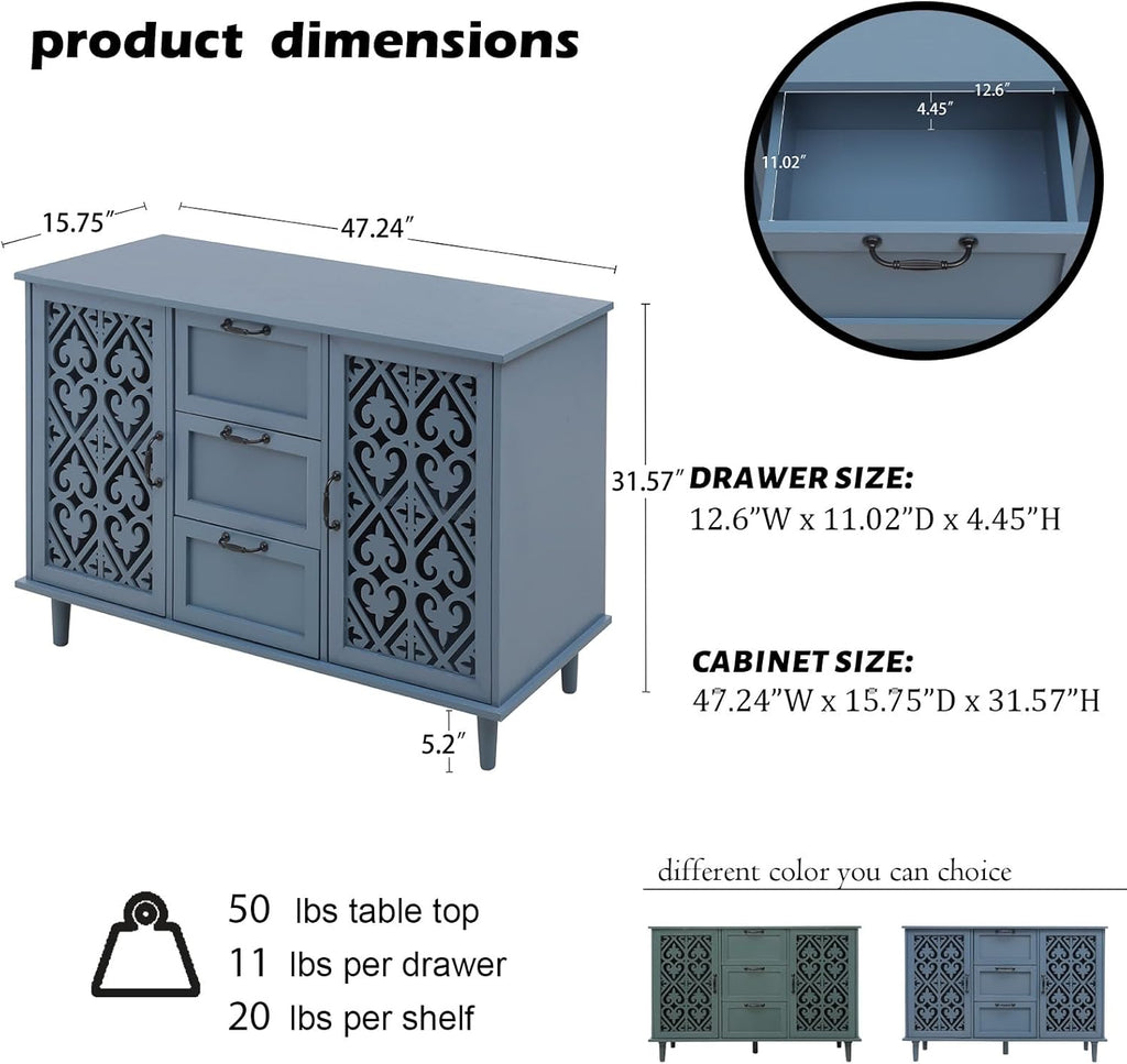 Sideboard Buffet Cabinet, American Farmhouse Blue 2 Door 3 Drawer Storage Credenza, Hollow Carved, Living Room Entryway Kitchen Dining Room Console Table, Home Furniture Decor