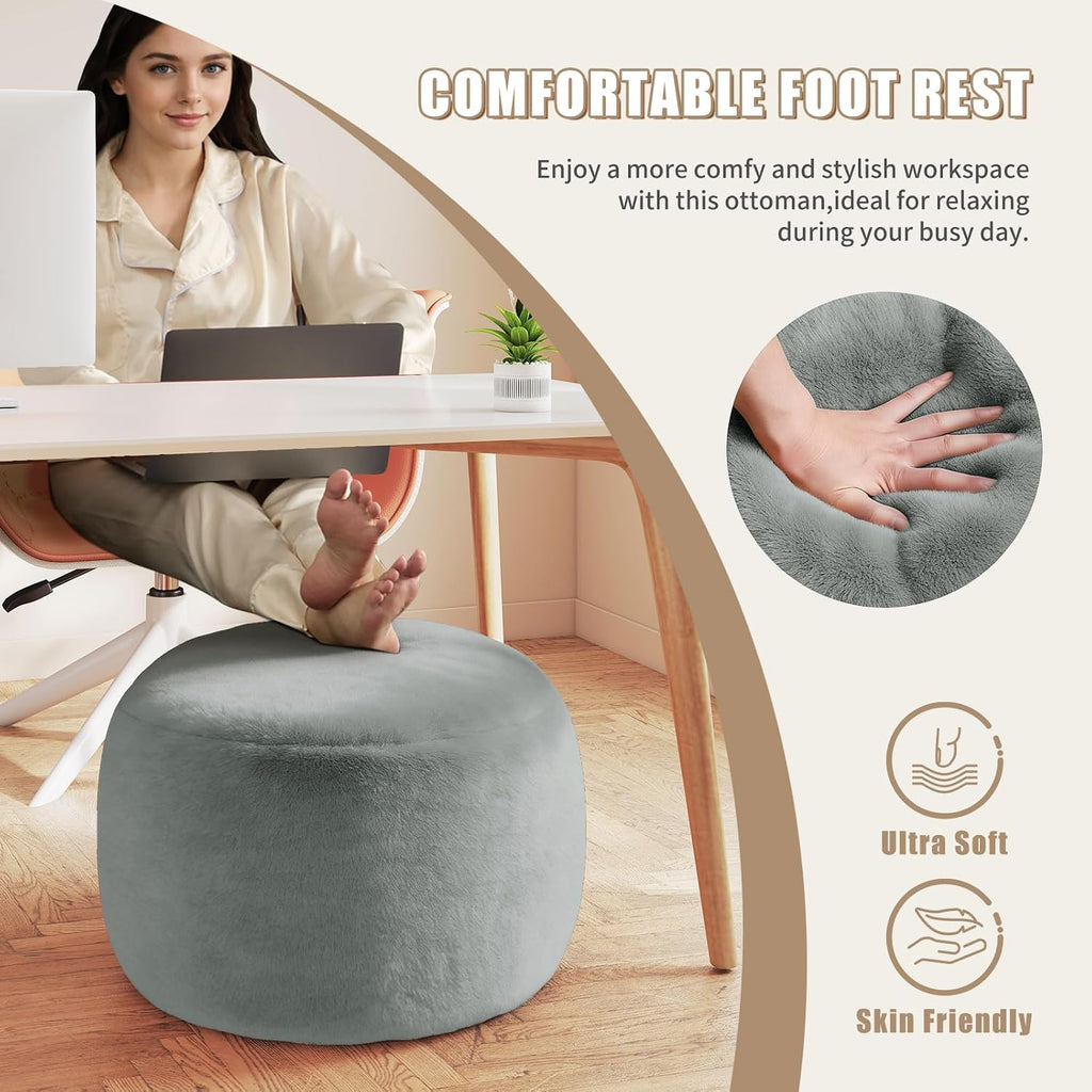 Round Stuffed Pouf Ottoman Foot Rest, Faux Fur Poufs with Memory Foam Filling, Ottomans for Living Room, Nursery, Dorm, Soft Foot Stool Ottoman for Couch, Perfect for Resting Your Feet (Grey, 20 Inch)