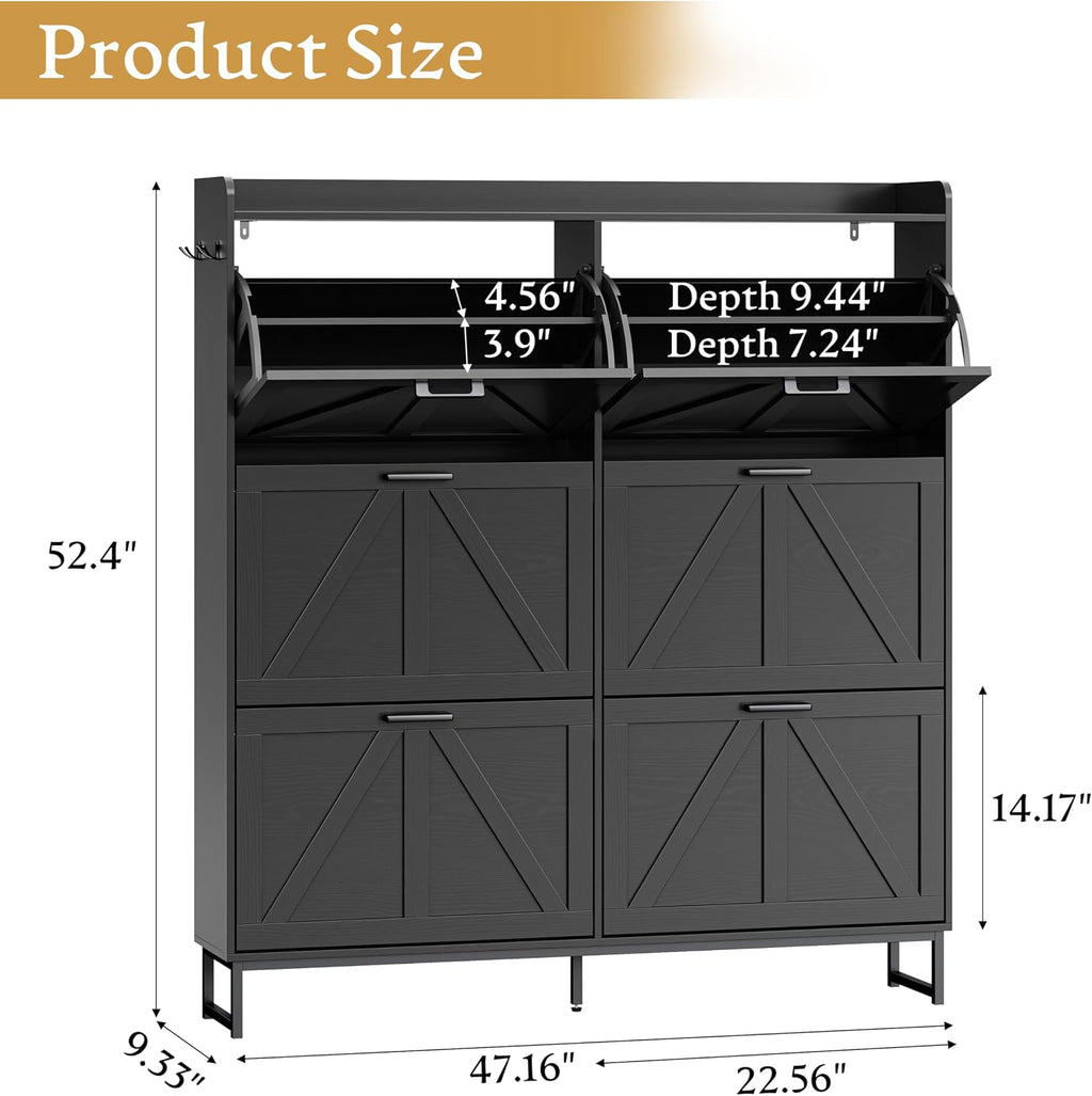 Wodeer Shoe Cabinet Storage for Entryway, Shoe Storage Cabinet with 6 Flip Drawers, Freestanding Narrow Shoe Rack Organizer with Metal Legs, Adjustable Shelves & Open Storage for Foyer, Hallway, Black